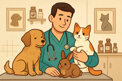 Ilustración de veterinario cuidando mascotas