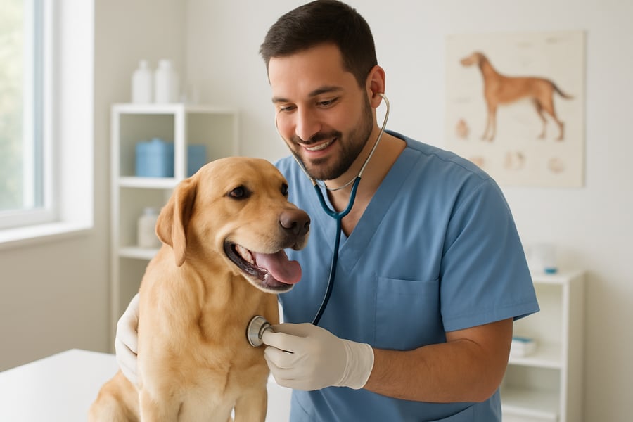 Veterinario atendiendo a un perro en la clínica