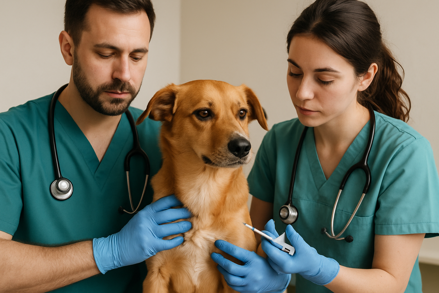Equipo veterinario aplicando vacuna a un perro